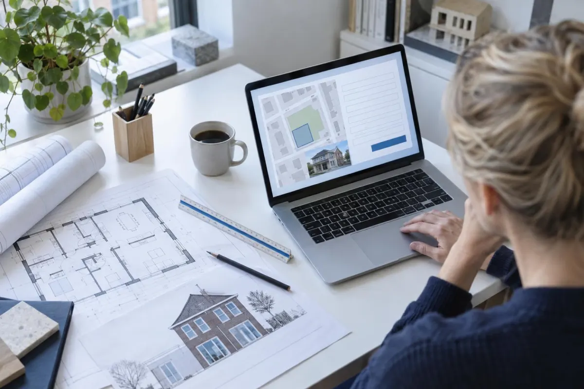 Bouwtekeningen naast een laptop met een vergunningformulier