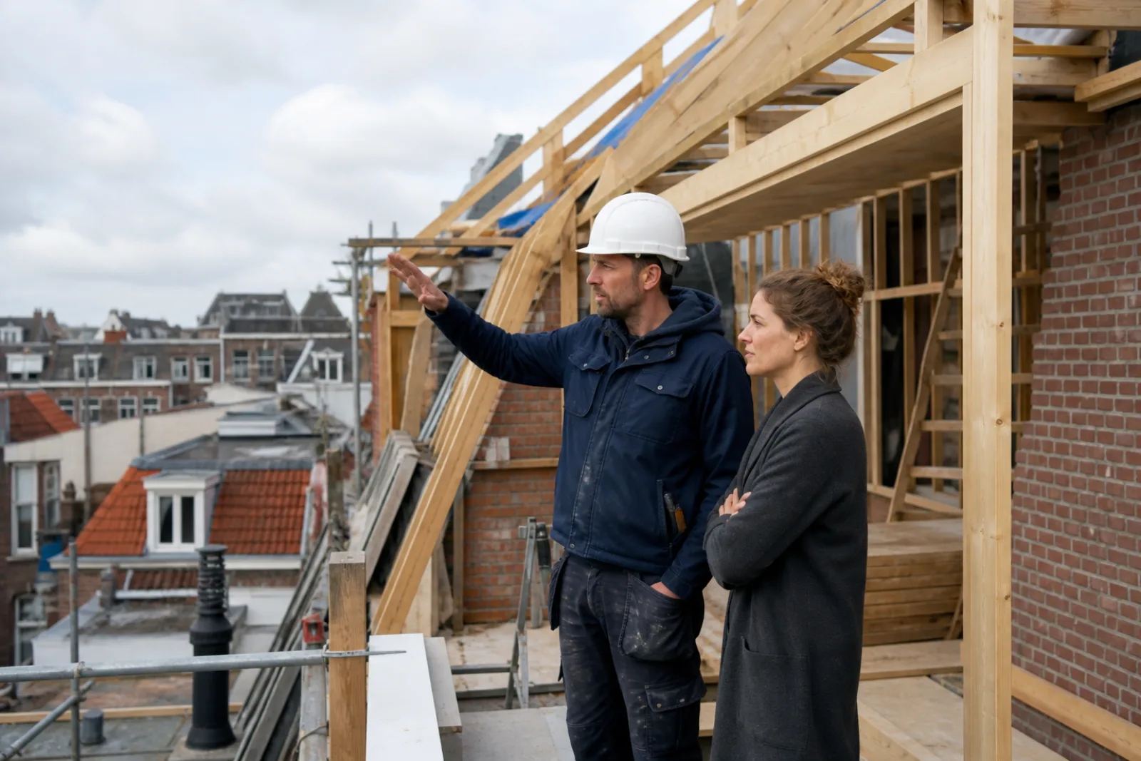 Aannemer aan het werk op een dakopbouw in een Nederlandse stad