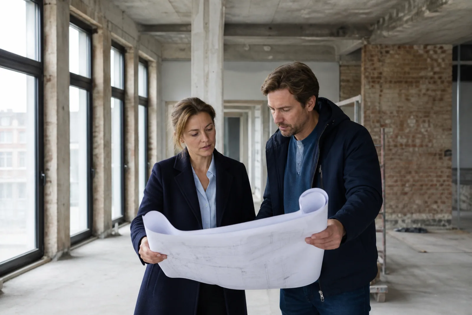 Vastgoedadviseur en projectmanager bespreken bouwtekeningen tijdens een zakelijke renovatie